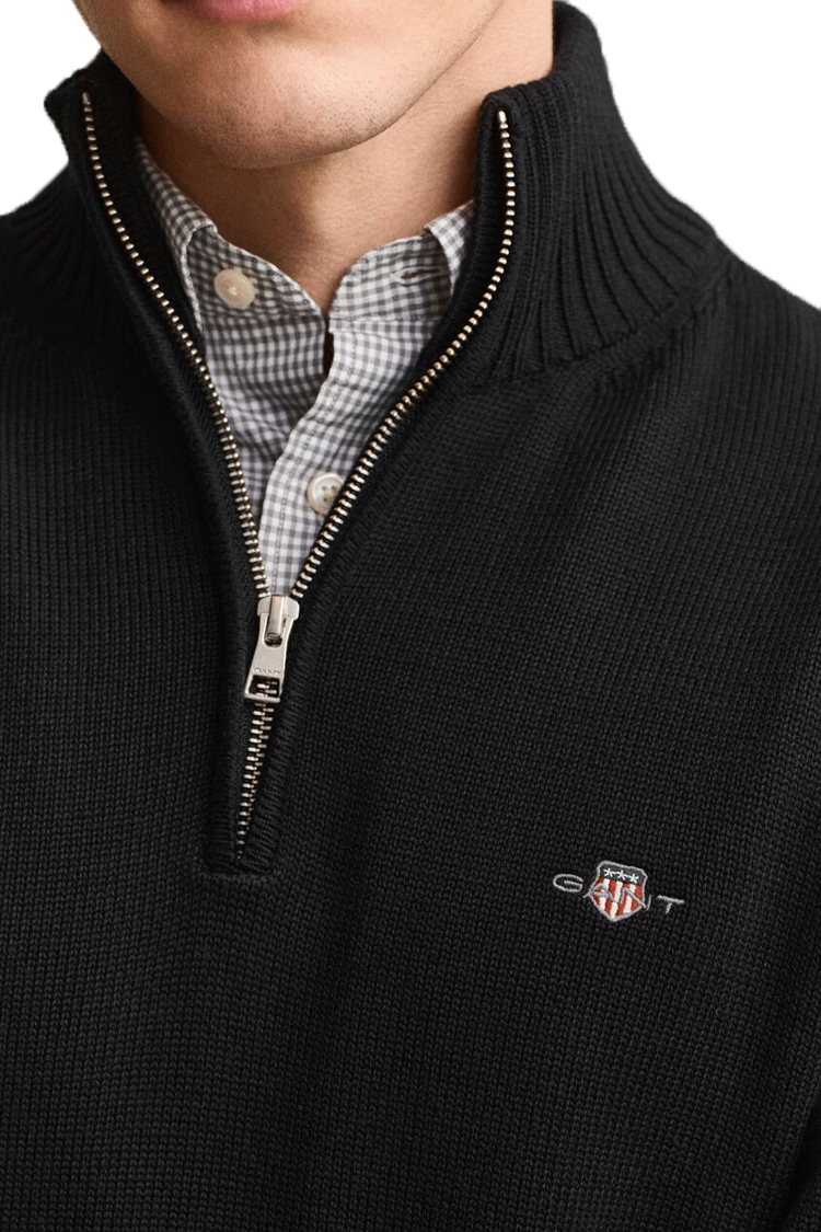 סריג גאנט שחור GANT ERO כותנה דגם Casual Cotton Half-Zip Sweater חצי רוכסן רקמה