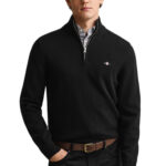 סריג גאנט שחור GANT ERO כותנה דגם Casual Cotton Half-Zip Sweater חצי רוכסן רקמה