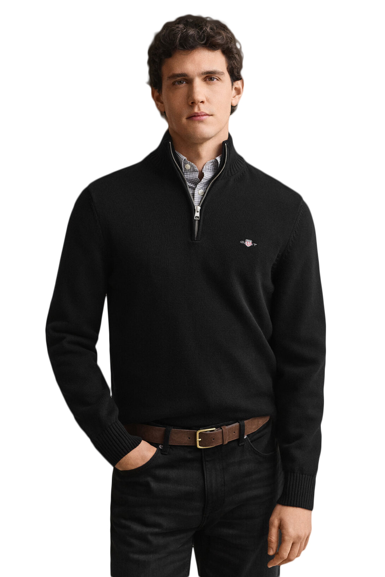 סריג גאנט שחור GANT ERO כותנה דגם Casual Cotton Half-Zip Sweater חצי רוכסן רקמה