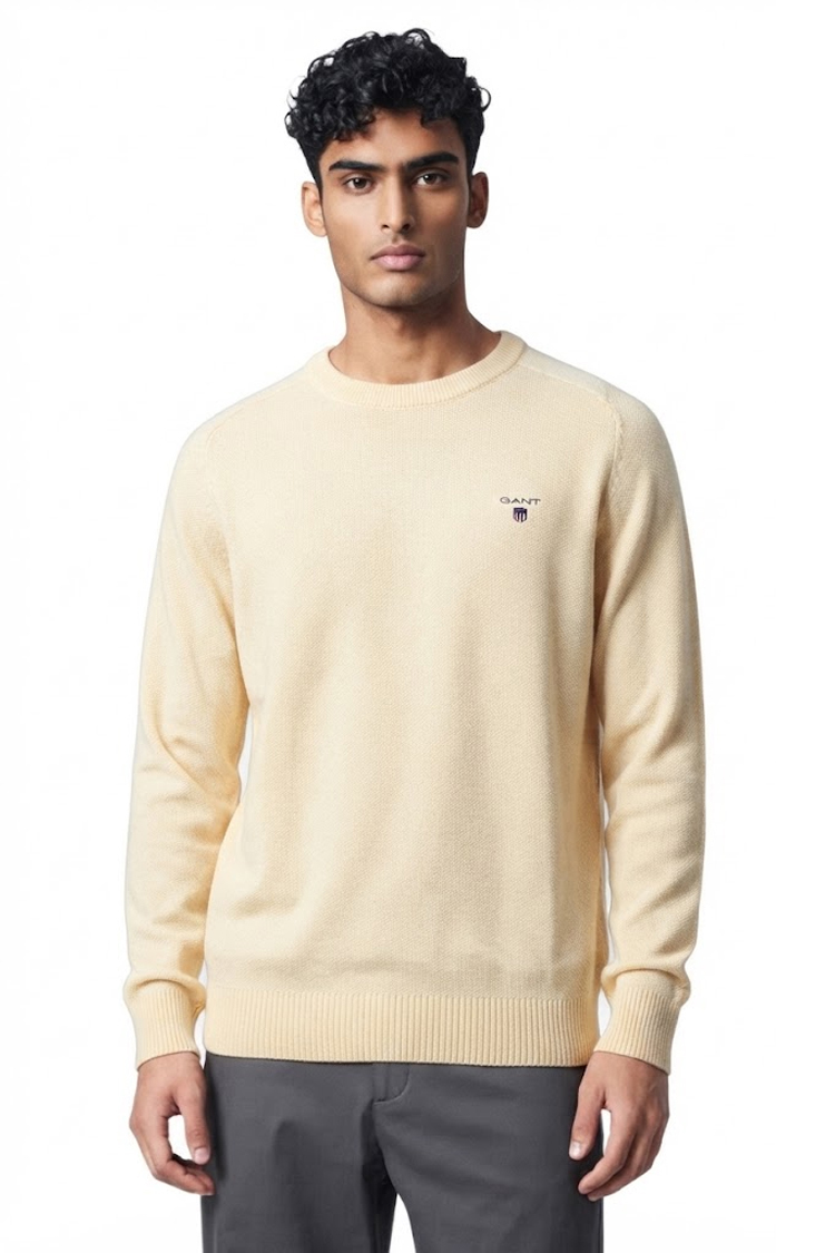 סריג גאנט gant קרם דגם Casual Cotton Knitted Sweater 100 אחוז כותנה נינוח רקמה לוגו חזה