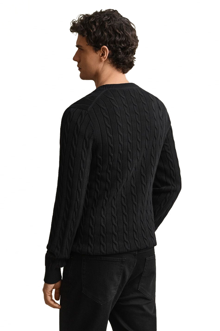 סריג גאנט GANT שחור כותנה דגם Cotton Cable Knit סריג כבלים צמה רקמה