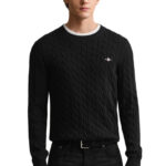 סריג גאנט GANT שחור כותנה דגם Cotton Cable Knit סריג כבלים צמה רקמה