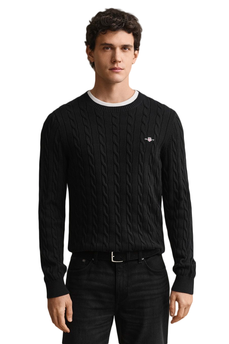 סריג גאנט GANT שחור כותנה דגם Cotton Cable Knit סריג כבלים צמה רקמה