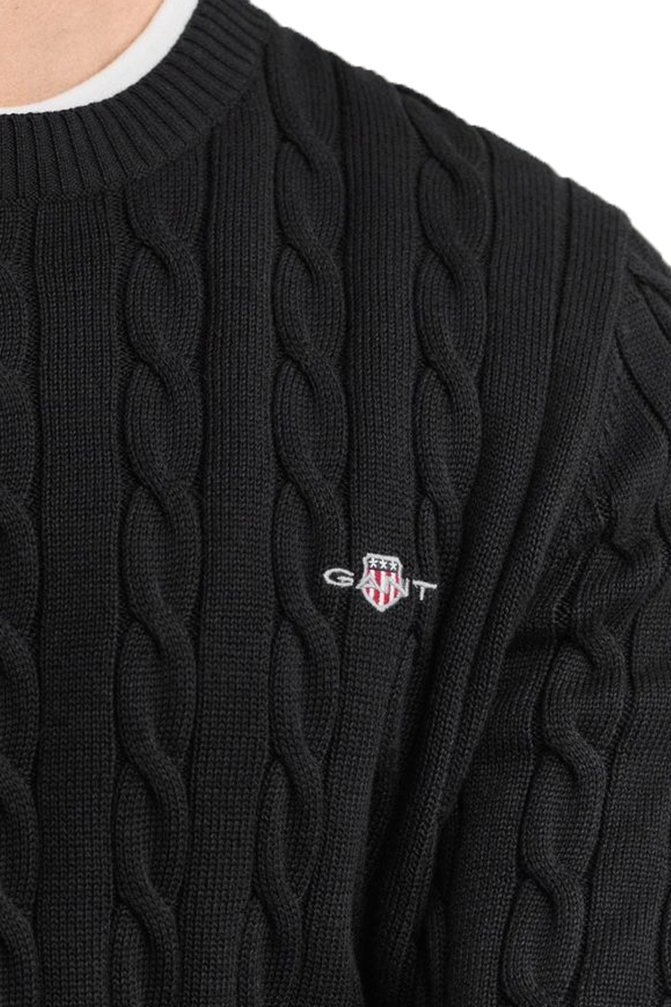סריג גאנט GANT שחור כותנה דגם Cotton Cable Knit סריג כבלים צמה רקמה