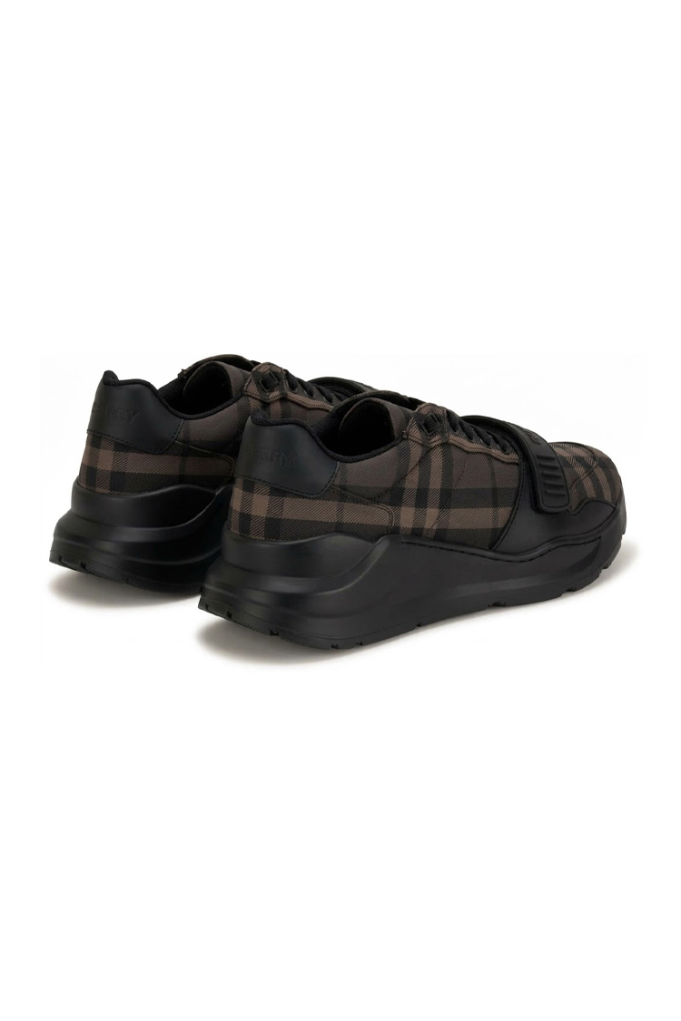 סניקרס ברברי burberry חום משובץ דגם New Regis גזרת MID צ’אנקי כותנה משבצות עור רצועה קדמית לוגו עקב