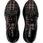 סניקרס ברברי burberry חום משובץ דגם New Regis גזרת MID צ’אנקי כותנה משבצות עור רצועה קדמית לוגו עקב