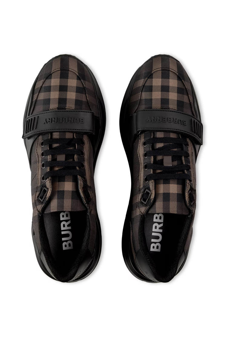 סניקרס ברברי burberry חום משובץ דגם New Regis גזרת MID צ’אנקי כותנה משבצות עור רצועה קדמית לוגו עקב