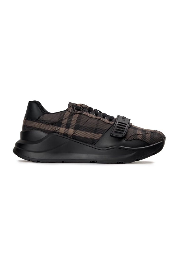 סניקרס ברברי burberry חום משובץ דגם New Regis גזרת MID צ’אנקי כותנה משבצות עור רצועה קדמית לוגו עקב