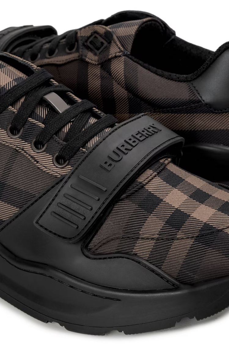 סניקרס ברברי burberry חום משובץ דגם New Regis גזרת MID צ'אנקי כותנה משבצות עור רצועה קדמית לוגו עקב