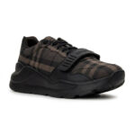 סניקרס ברברי burberry חום משובץ דגם New Regis גזרת MID צ’אנקי כותנה משבצות עור רצועה קדמית לוגו עקב
