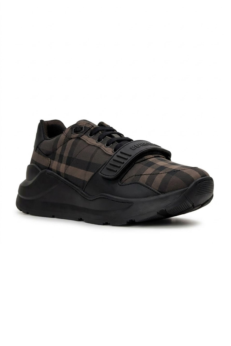 סניקרס ברברי burberry חום משובץ דגם New Regis גזרת MID צ'אנקי כותנה משבצות עור רצועה קדמית לוגו עקב