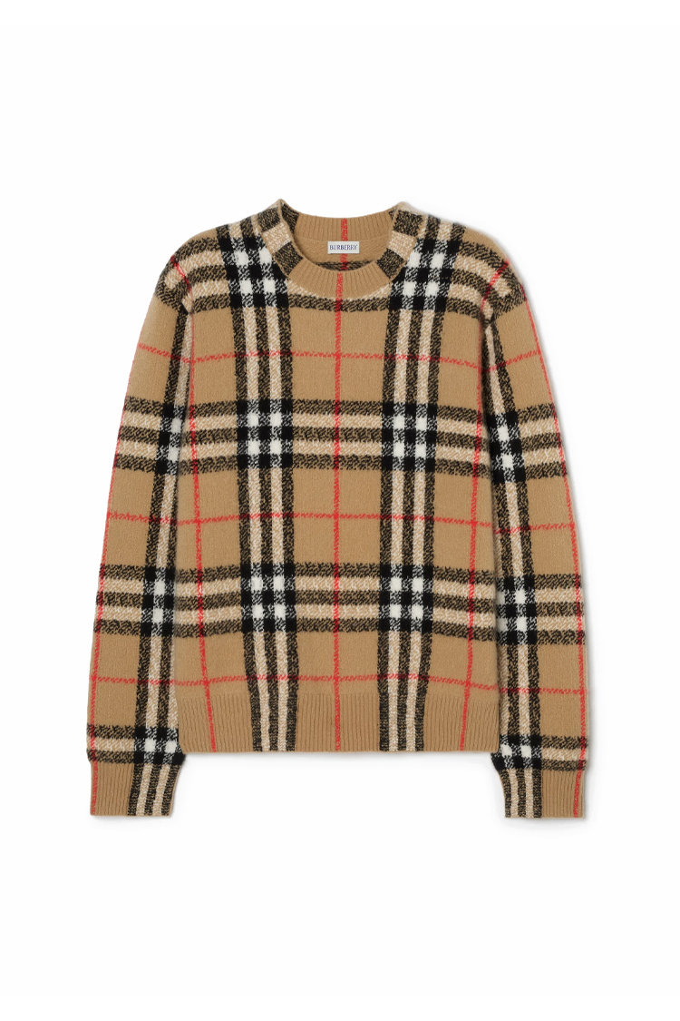 סריג קשמיר ברברי burberry בז’ משובץ דגם Check Cashmere Sweater 93% קשמיר גזרה קלאסית