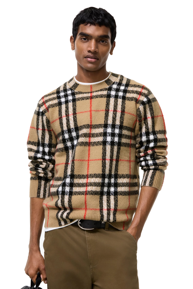 סריג קשמיר ברברי burberry בז' משובץ דגם Check Cashmere Sweater 93% קשמיר גזרה קלאסית