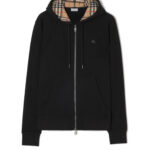 קפוצ’ון ברברי burberry שחור דגם Check Hood Cotton Zip Hoodie סלים פיט תשלובת כותנה רוכסן מלא בטנת משבצות ברדס