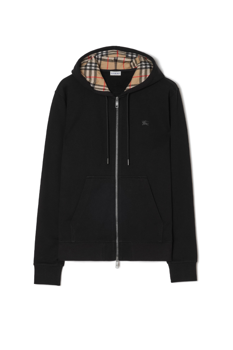 קפוצ’ון ברברי burberry שחור דגם Check Hood Cotton Zip Hoodie סלים פיט תשלובת כותנה רוכסן מלא בטנת משבצות ברדס