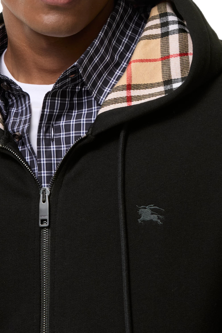 קפוצ'ון ברברי burberry שחור דגם Check Hood Cotton Zip Hoodie סלים פיט תשלובת כותנה רוכסן מלא בטנת משבצות ברדס