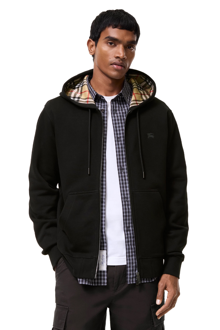 קפוצ'ון ברברי burberry שחור דגם Check Hood Cotton Zip Hoodie סלים פיט תשלובת כותנה רוכסן מלא בטנת משבצות ברדס