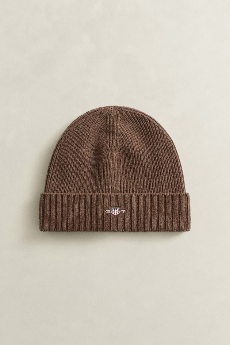 כובע צמר גאנט gant חום דגם Shield Wool Beanie תשלובת צמר רקמה לוגו shield ביני קלאסי