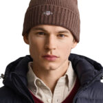 כובע צמר גאנט gant חום דגם Shield Wool Beanie תשלובת צמר רקמה לוגו shield ביני קלאסי