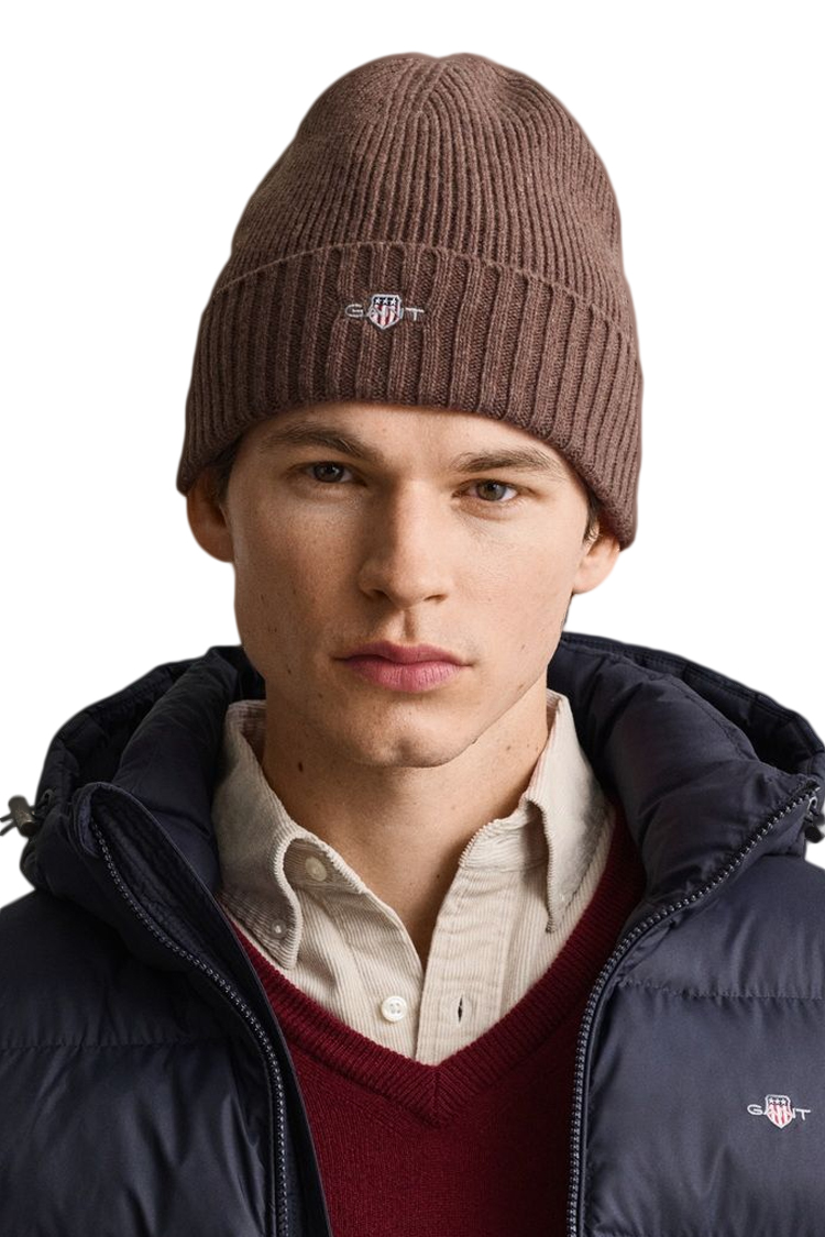 כובע צמר גאנט gant חום דגם Shield Wool Beanie תשלובת צמר רקמה לוגו shield ביני קלאסי