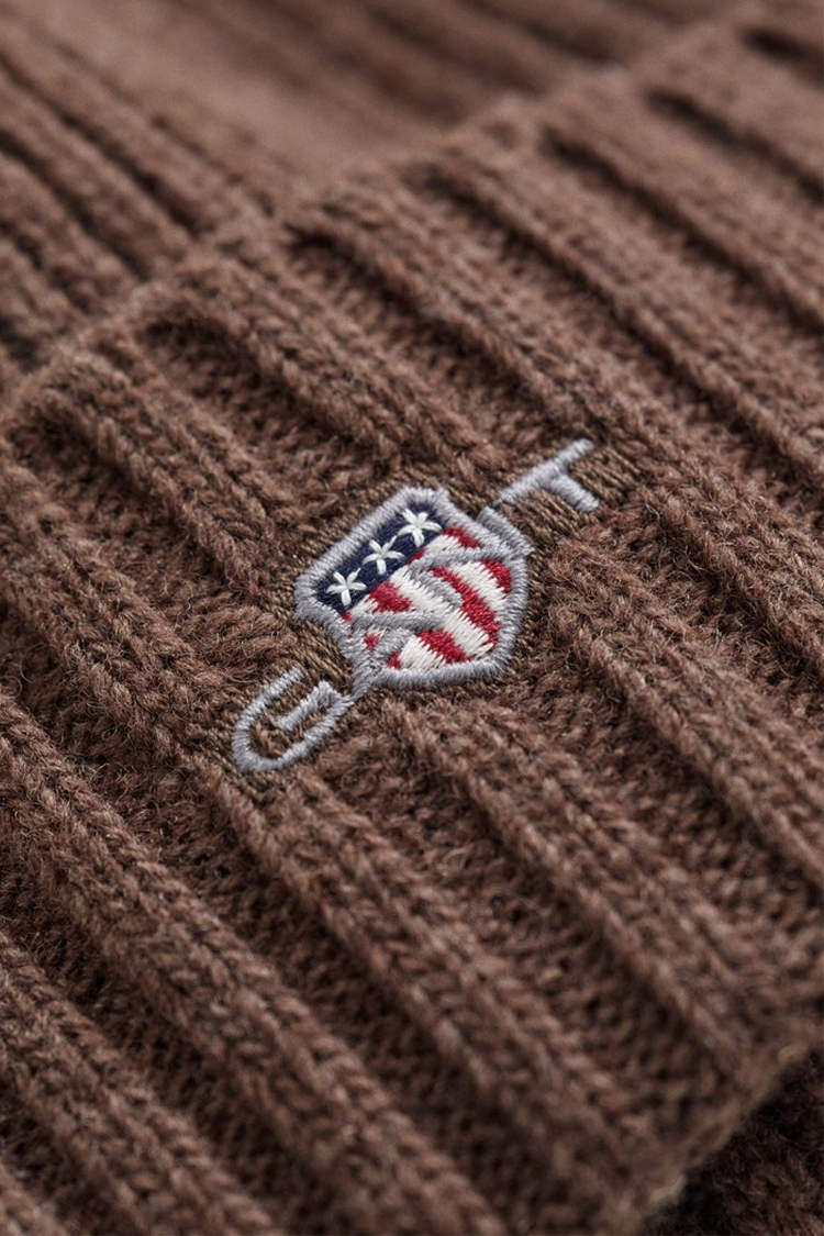 כובע צמר גאנט gant חום דגם Shield Wool Beanie תשלובת צמר רקמה לוגו shield ביני קלאסי