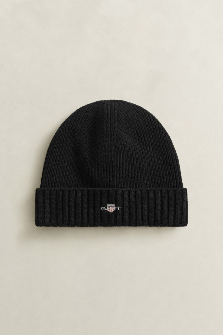 כובע צמר גאנט gant שחור דגם Shield Wool Beanie תשלובת צמר רקמה לוגו shield ביני קלאסי