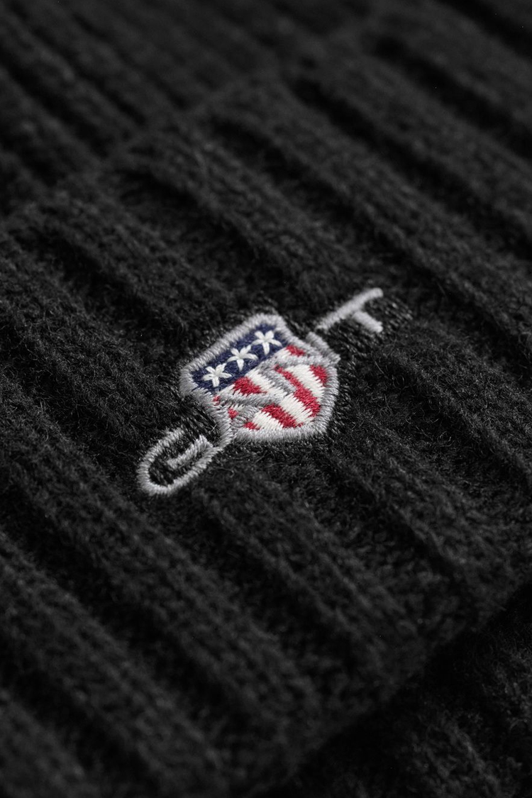 כובע צמר גאנט gant שחור דגם Shield Wool Beanie תשלובת צמר רקמה לוגו shield ביני קלאסי