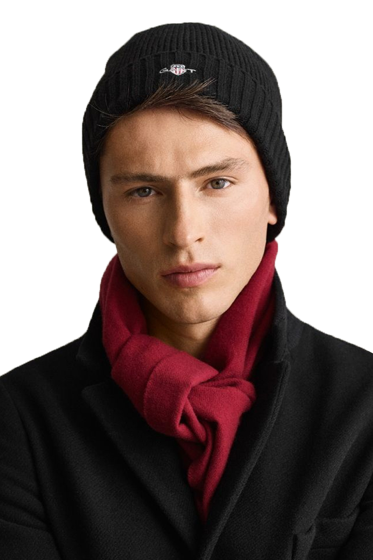 כובע צמר גאנט gant שחור דגם Shield Wool Beanie תשלובת צמר רקמה לוגו shield ביני קלאסי