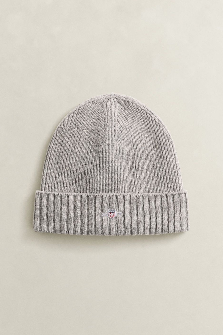 כובע צמר גאנט gant אפור דגם Shield Wool Beanie תשלובת צמר רקמה לוגו shield ביני קלאסי