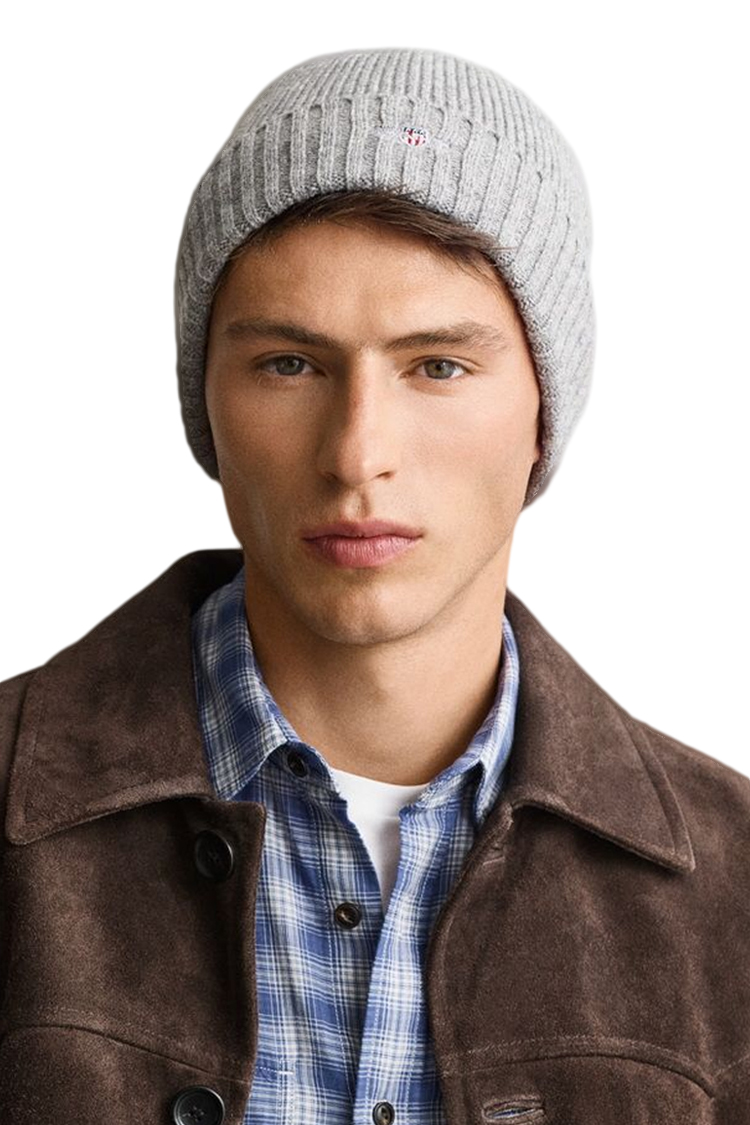 כובע צמר גאנט gant אפור דגם Shield Wool Beanie תשלובת צמר רקמה לוגו shield ביני קלאסי