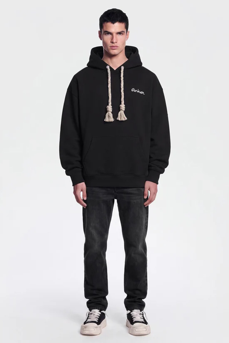קפוצ’ון איינקר ainker שחור דגם 1130 Black Knit Hoodie 100% כותנה רילקסד פיט רקמה חזה רקמת Jacquard אפריקאית גב