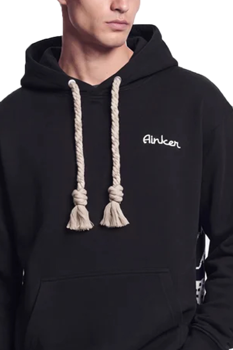 קפוצ’ון איינקר ainker שחור דגם 1130 Black Knit Hoodie 100% כותנה רילקסד פיט רקמה חזה רקמת Jacquard אפריקאית גב