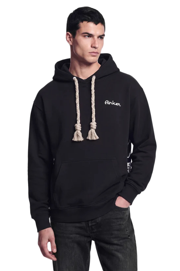 קפוצ'ון איינקר ainker שחור דגם 1130 Black Knit Hoodie 100% כותנה רילקסד פיט רקמה חזה רקמת Jacquard אפריקאית גב