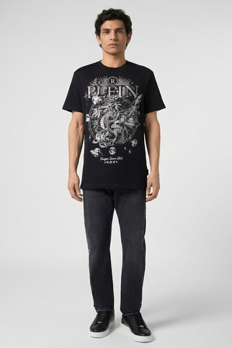 טי שירט פיליפ פליין philipp plein שחור דגם Dragon Stones 100% כותנה רילקסד פיט אבני rhinestones דרקון לוגו חזה