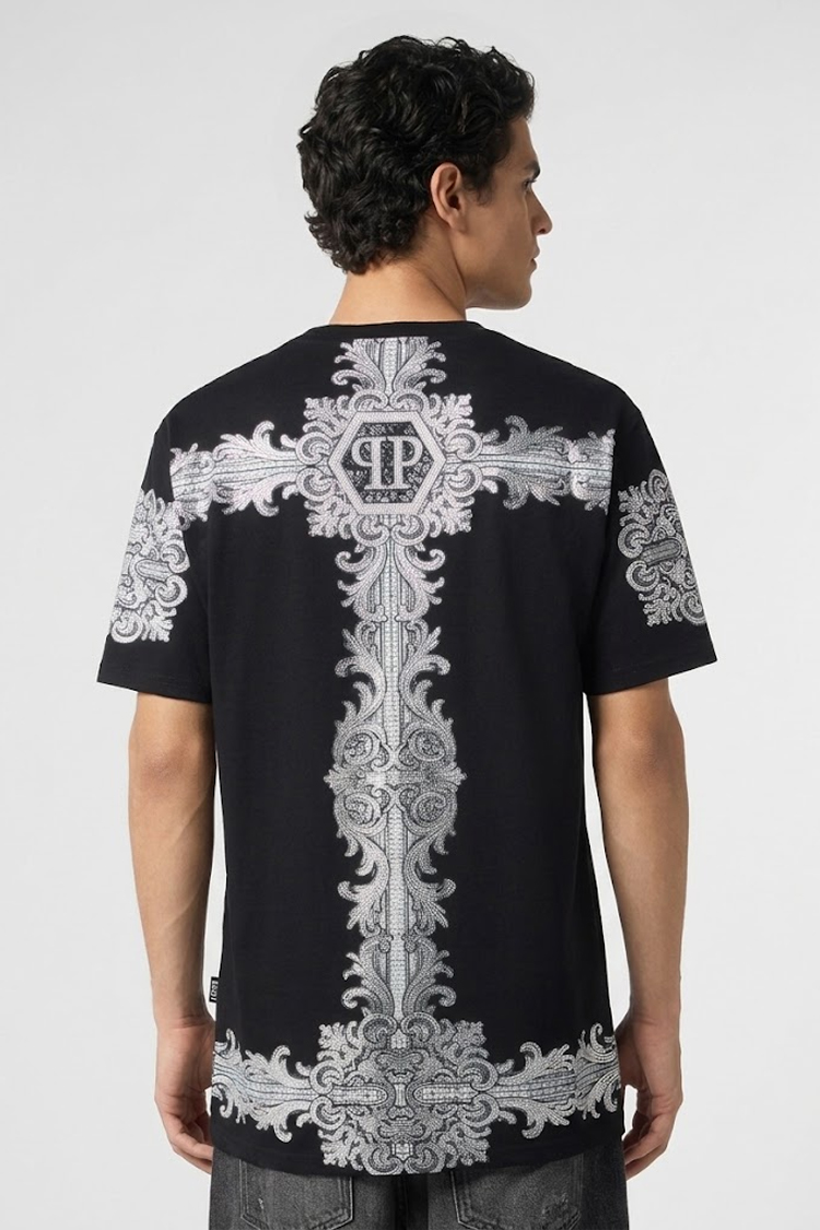 טי שירט פיליפ פליין philipp plein שחור דגם Baroque Stones 100% כותנה רילקסד פיט אבני baroque קריסטלים לוגו