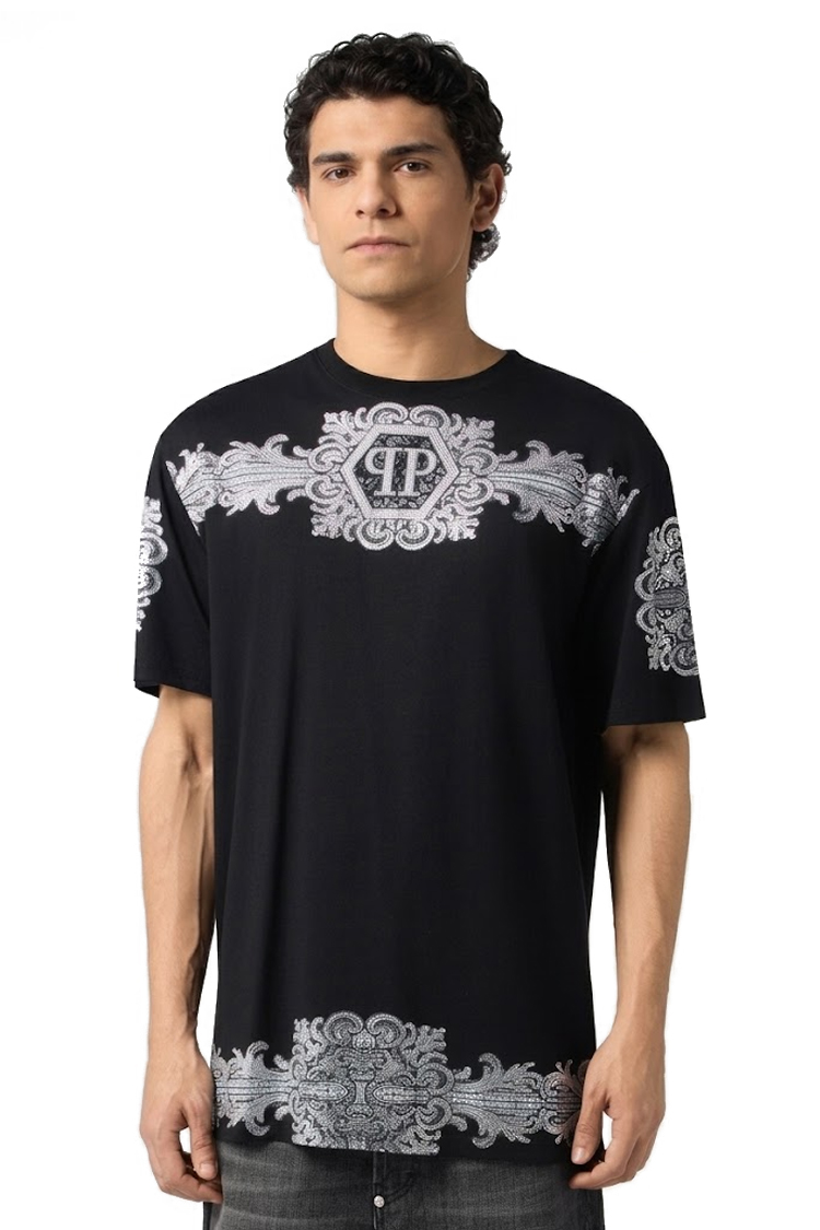 טי שירט פיליפ פליין philipp plein שחור דגם Baroque Stones 100% כותנה רילקסד פיט אבני baroque קריסטלים לוגו