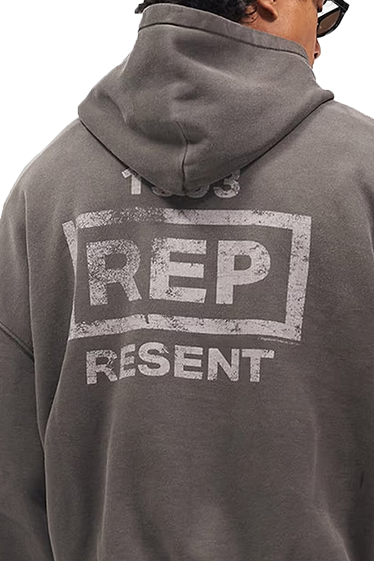 קפוצ'ון רפרזנט represent אפור דהוי דגם Represent Hoodie כותנה אוברסייז משופשף לוגו חזה גב